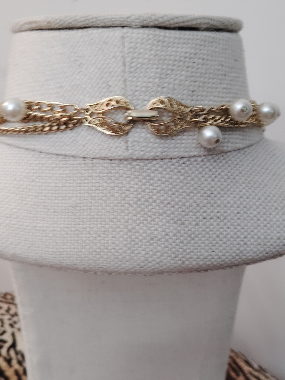 Givenchy Brown Silk Tie with Subtle Stripes On A Vtg Lisner Faux Pearl Necklace - Picture 3 of 4